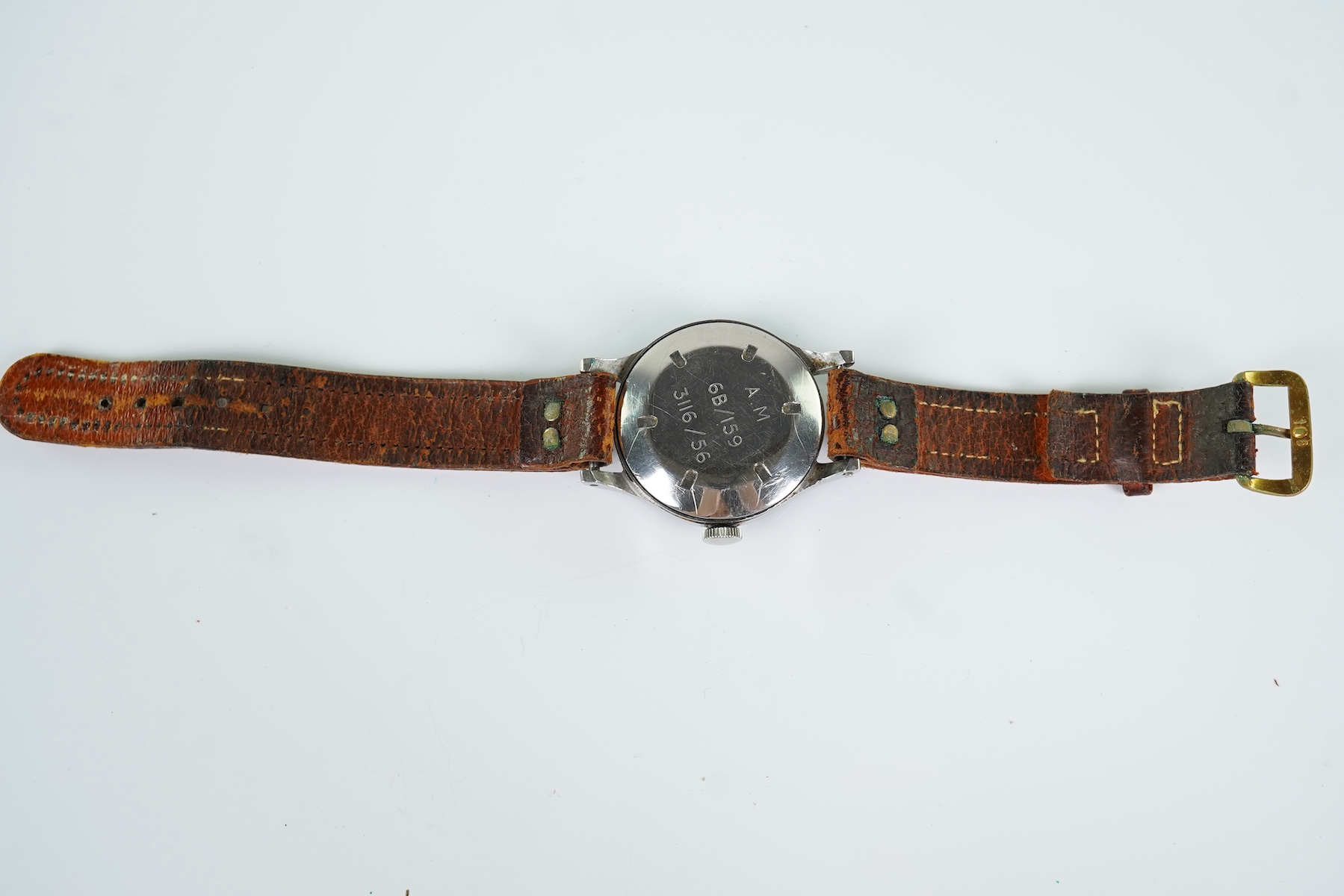 A gentleman's steel Longines R.A.F. Air Ministry Pilots/Navigators manual wind wrist watch, issued in 1956